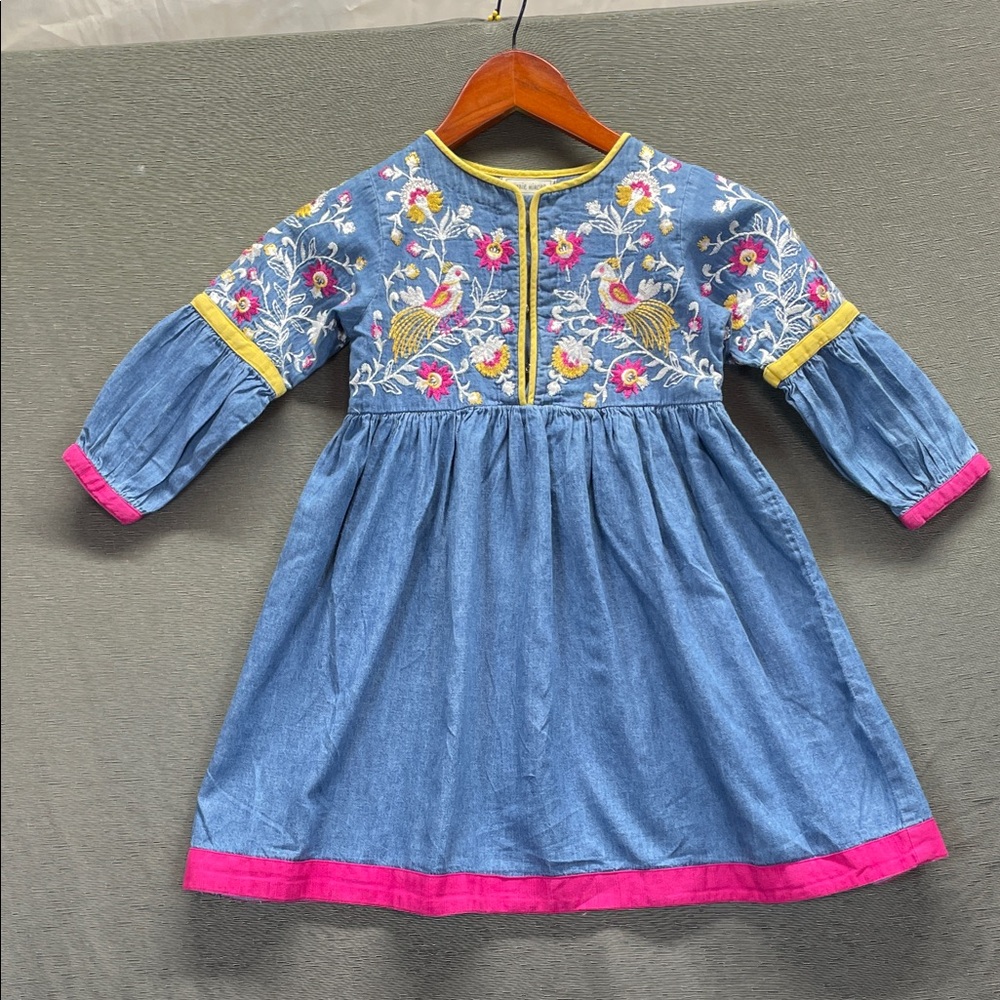 Blue and Pink‎ Casual embroidery Dress with Bishop Sleeves